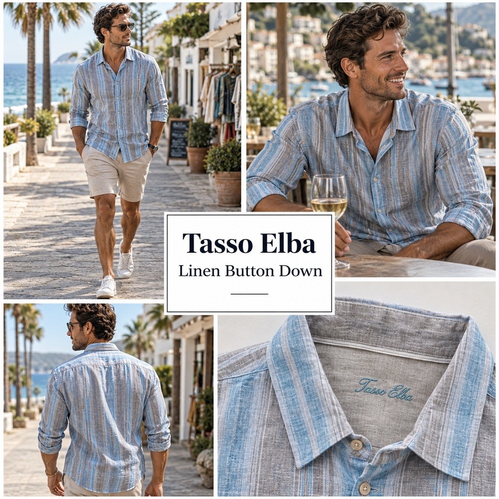 NWT Tasso Elba Mens Linen Blend Striped Long Sleeve‎ Button Down Shirt Blue L